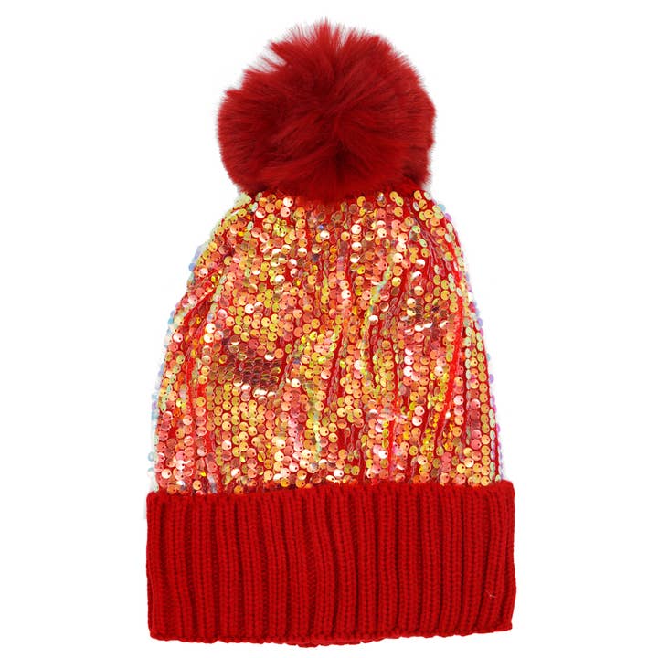 Cap Zone - Wholesale Beanie - Women's - Iridescent Spangled Sequins Pom Pom Cuffed Beanie12
