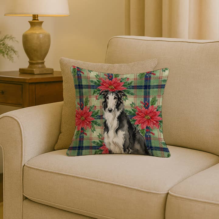 Black and White Borzoi Christmas Poinsettas Pillow 18x18 WD for wholesale by Caroline's Treasures