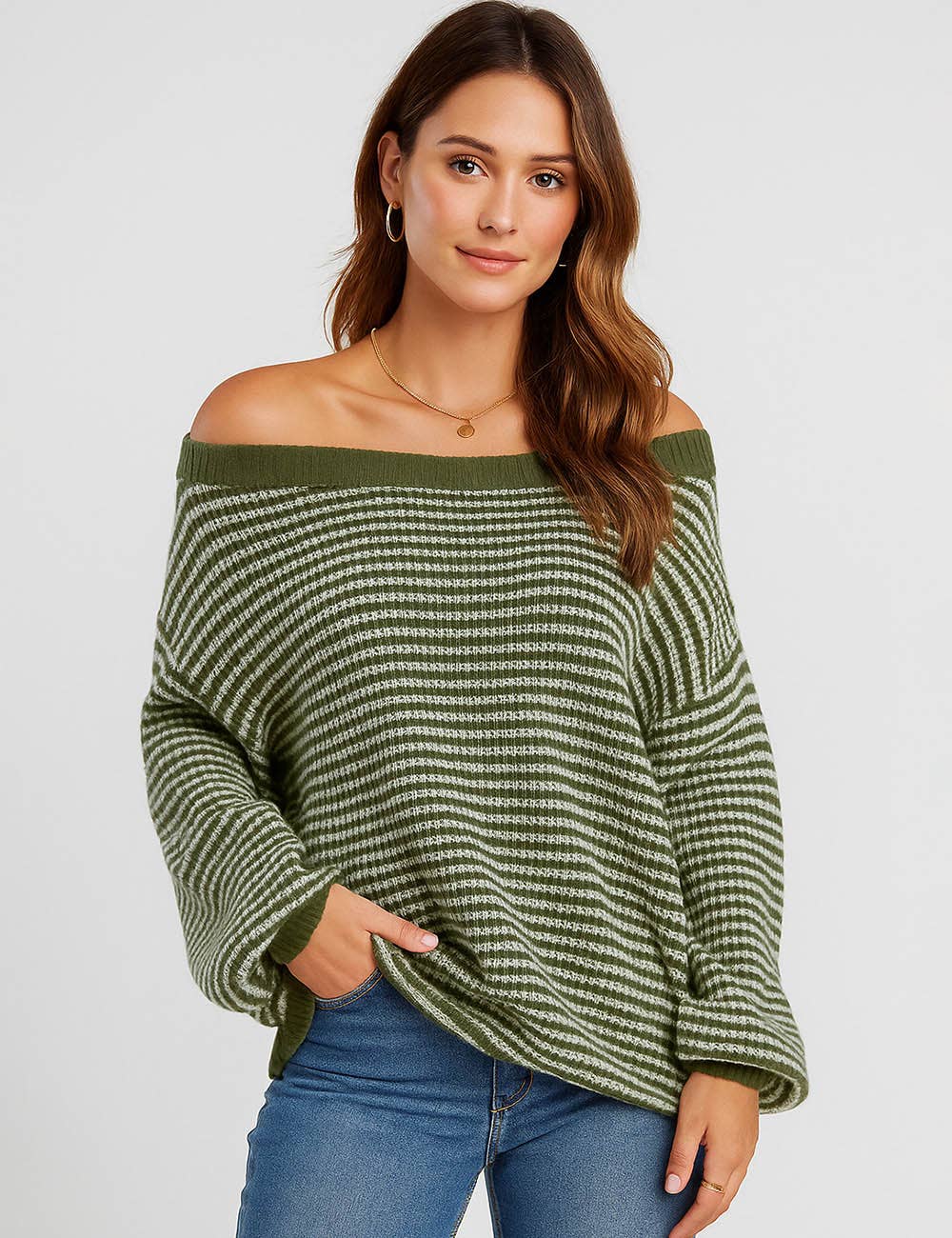 Sweetkama - Wholesale Knit Sweater - Women's - Ladies Striped Pullover Round Neck Lantern Sleeves Knit Sweater7