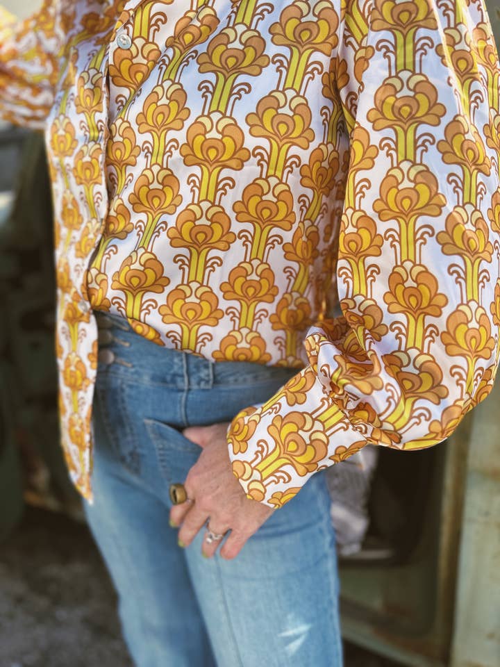 Lil Bee's Bohemian Brand - Wholesale Button Down Shirt - Women's - PRE PACK Streets of Gold Golden Yellow Tulip Flower Pouf Sleeve Button Up Blouse (1S-2M-2L-1XL)