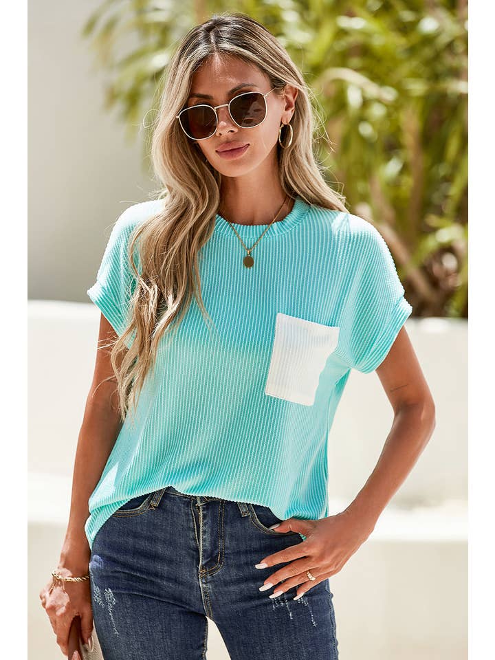 Little Daisy Closet - Wholesale Knit Top - Women's - LDC Corded Knit Color Block Pocketed Crew Neck T Shirt