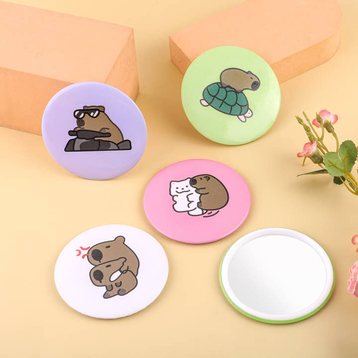 CapyFun - Wholesale Compact Mirror - Cute Capybara Mini Round Mirror Set - 5 Various Designs