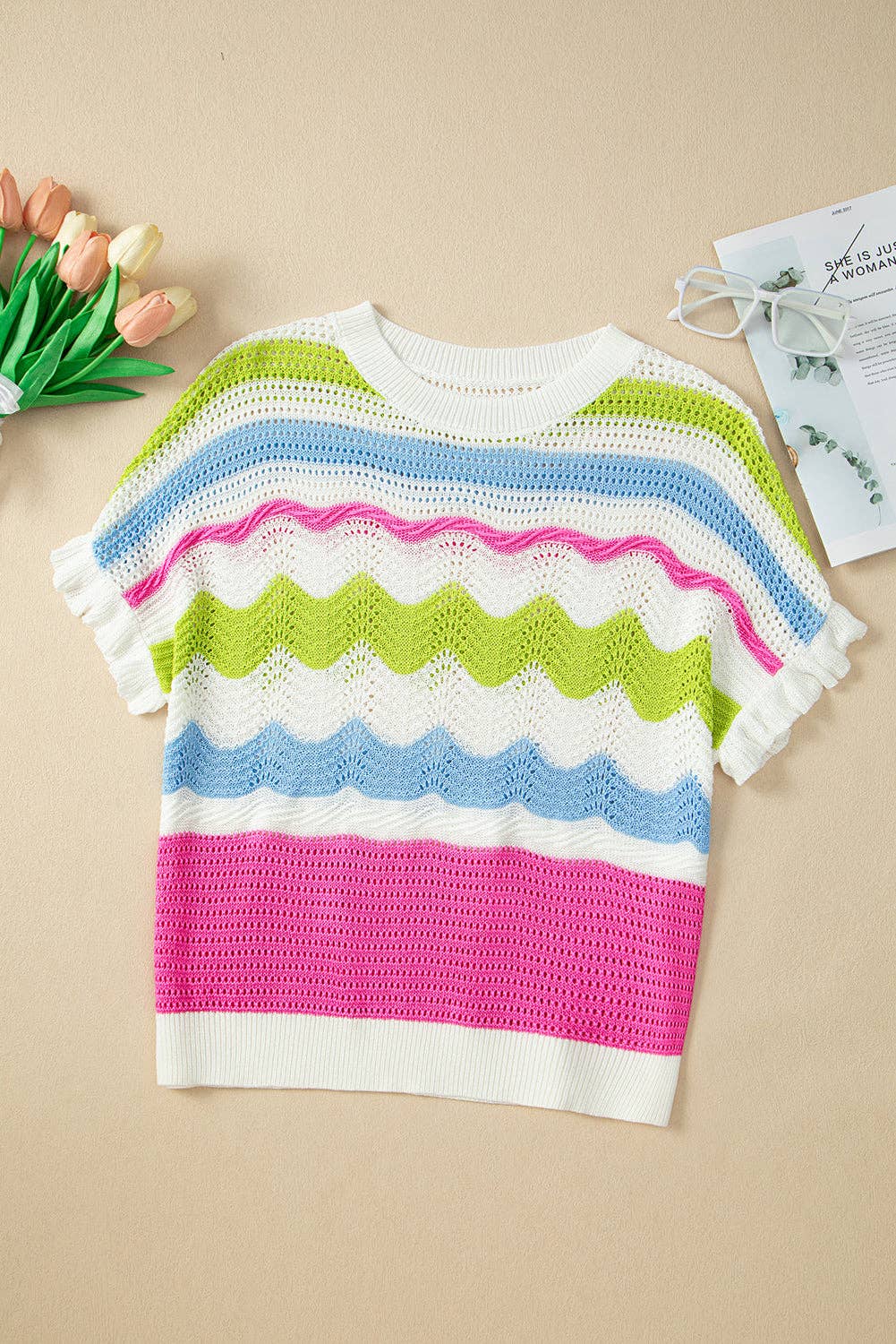 White Colorblock Crochet Knit Ruffled Short Sleeve Sweater Top for wholesale on Faire3