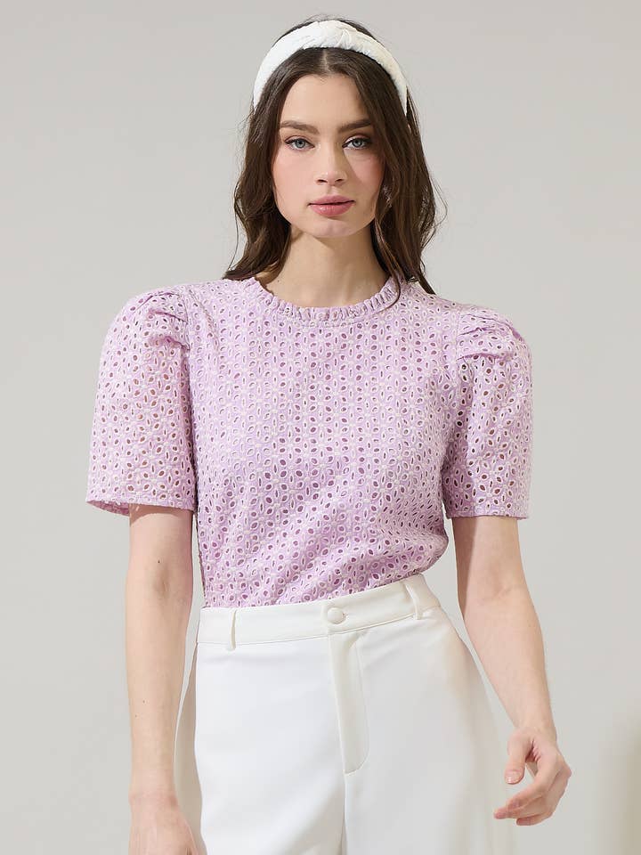 Lilac Hadi Eyelet Veronica Puff Sleeve Blouse for wholesale on Faire