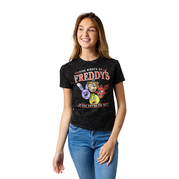 Bioworld Merchandising - Wholesale Screen Printed T-Shirt - Women's - Five Nights At Freddy's Having Fun Yet Women's Black Mineral Wash Crew Neck Short Sleeve T-shirt2