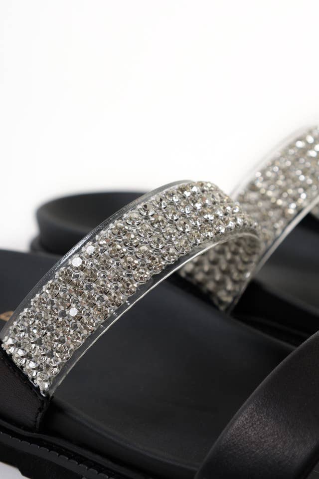 KMB Shoes - Wholesale Sandals - Women's - JULS BLACK – 2 Strap Footbed Sandals with Strass Decoration