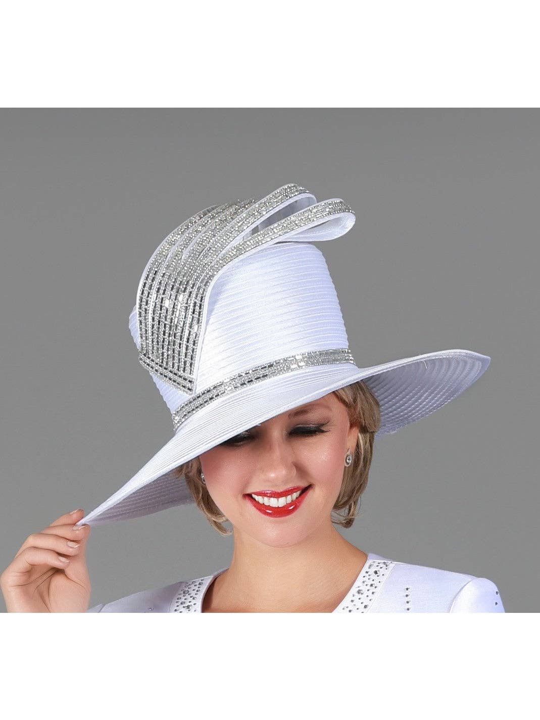 WHITE Wide Brim Ribbon Hat w/ Rhinestone Strip Bow for wholesale on Faire