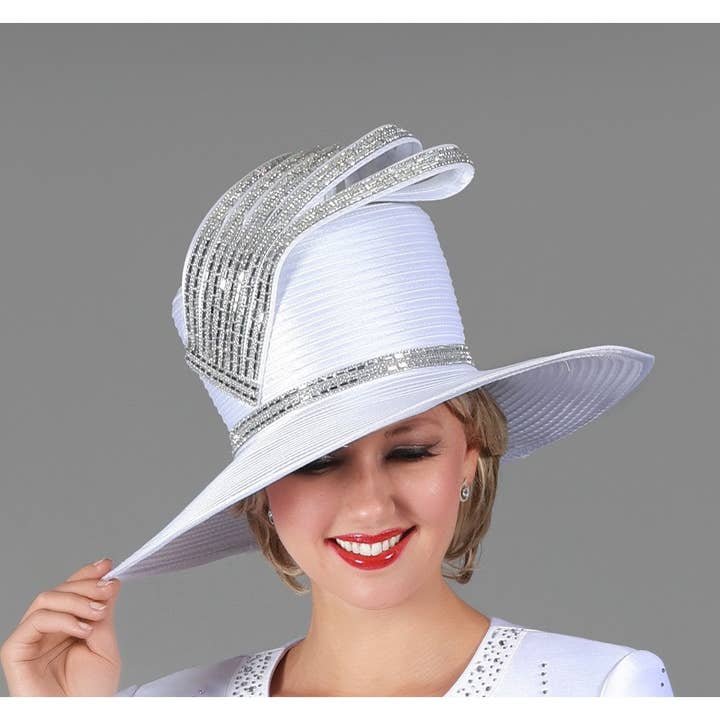 WHITE Wide Brim Ribbon Hat w/ Rhinestone Strip Bow for wholesale on Faire0