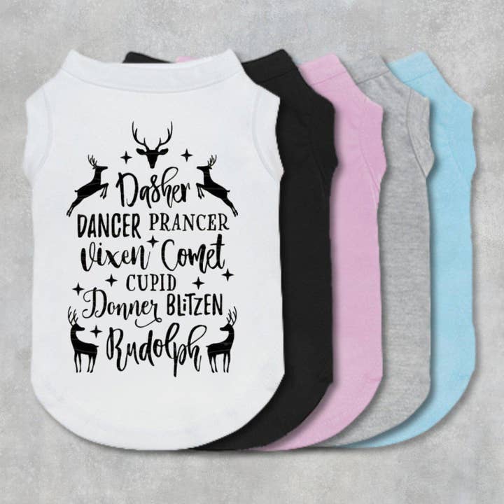 Camisa de cão Reindeer Names, roupa de Natal para animais de estimação por atacado de The Honest Dog Company
