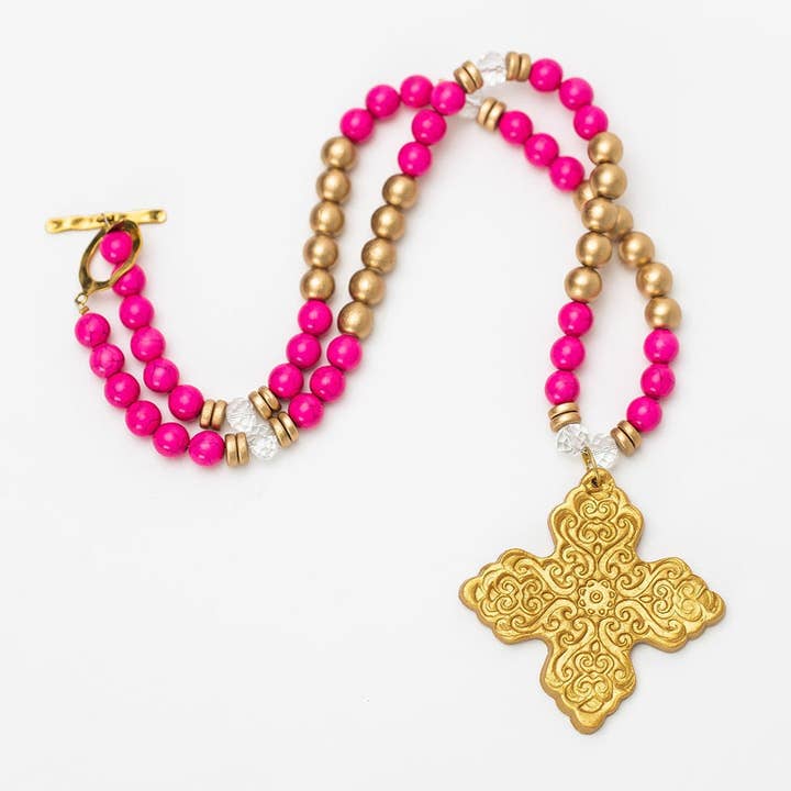 Hot Pink Jade with Lydia Cross for wholesale by Hidden Truth Jewelry