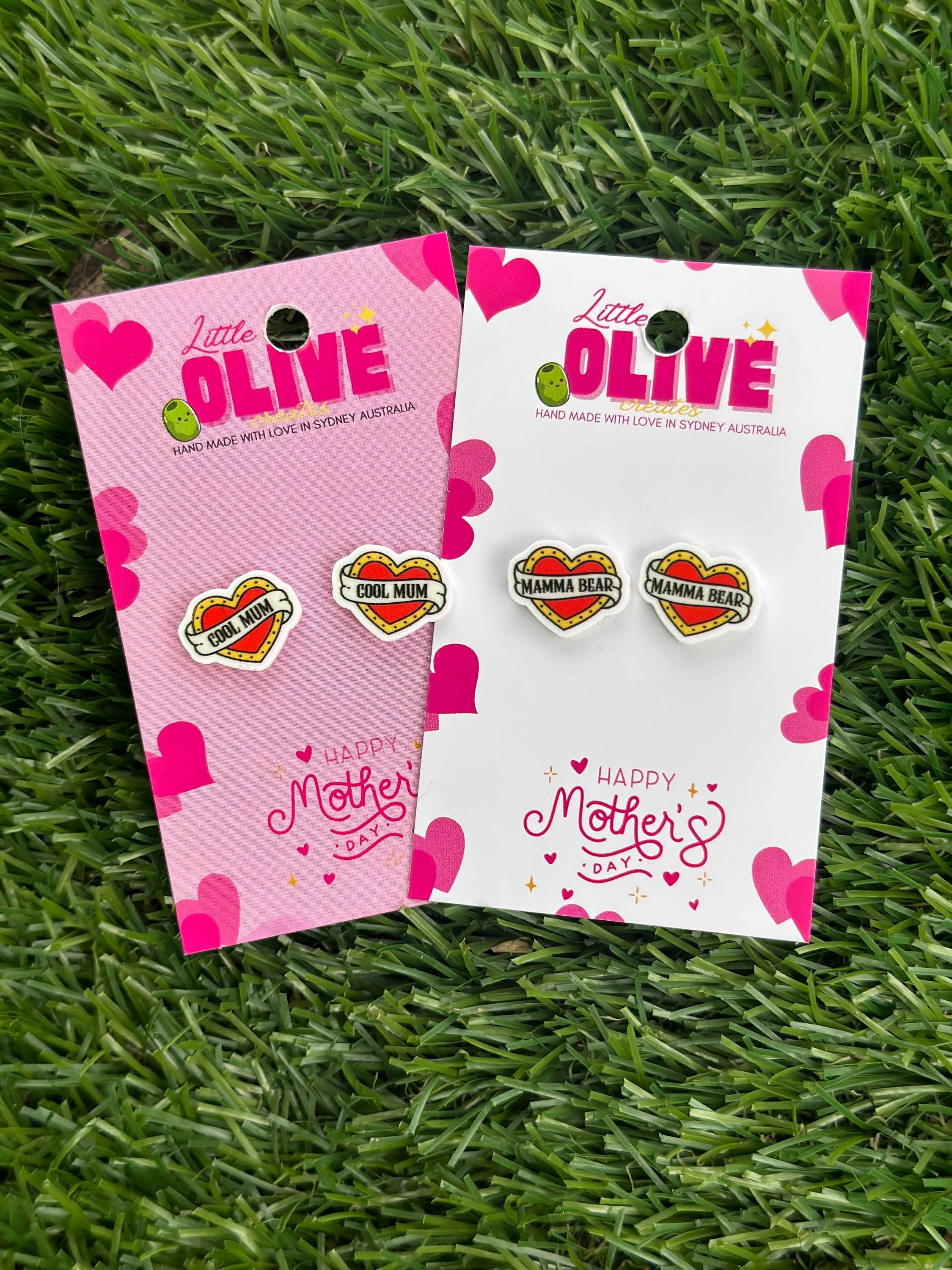 Little Olive Creates - Wholesale Stud/post earrings - Radiant Tattoo Heart 'Mamma Bear' & 'Cool Mum' Stud Earrings1