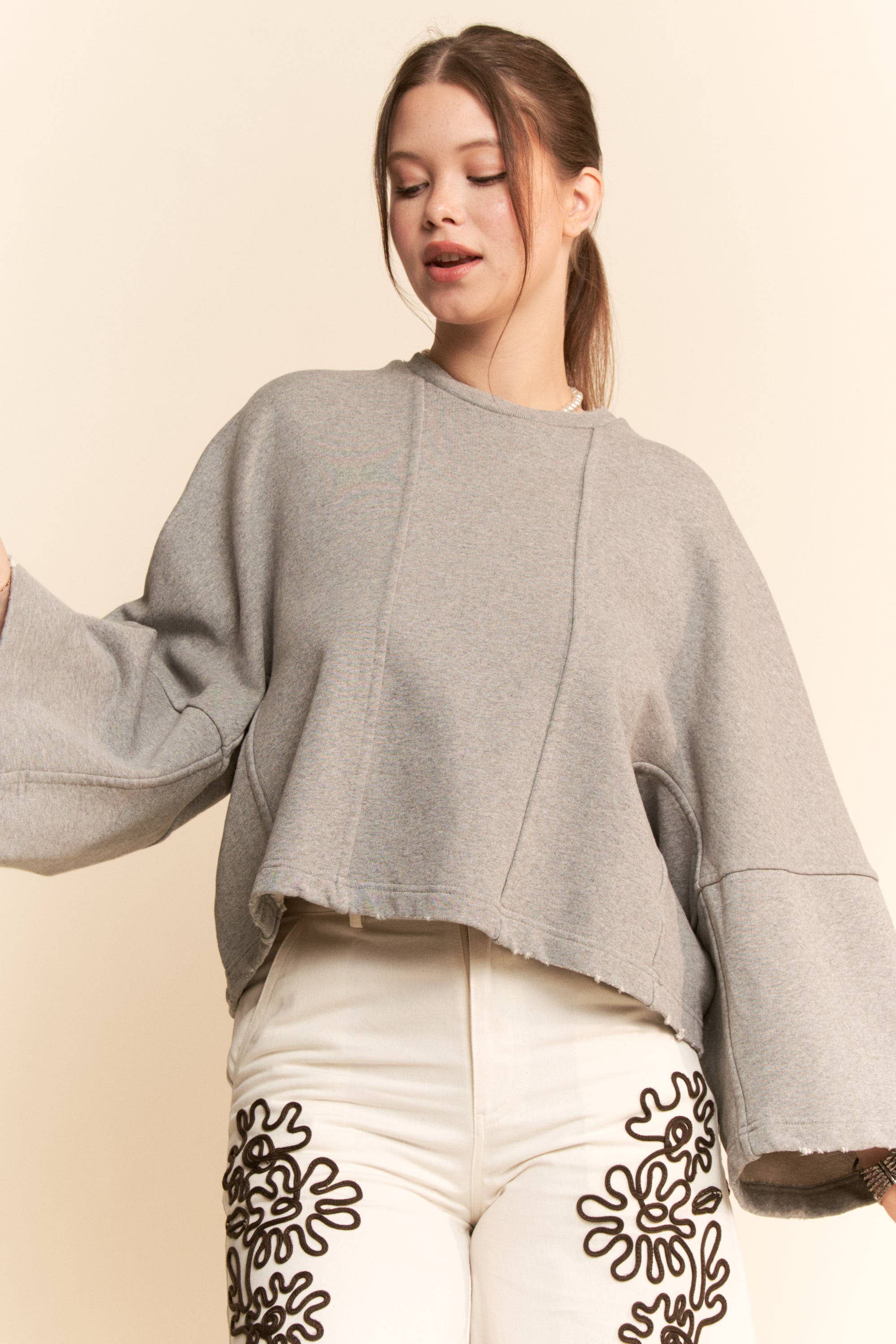Heather Grey OVERSIZED BELL-SLEEVE RAW HEM SWEATSHIRT for wholesale on Faire1