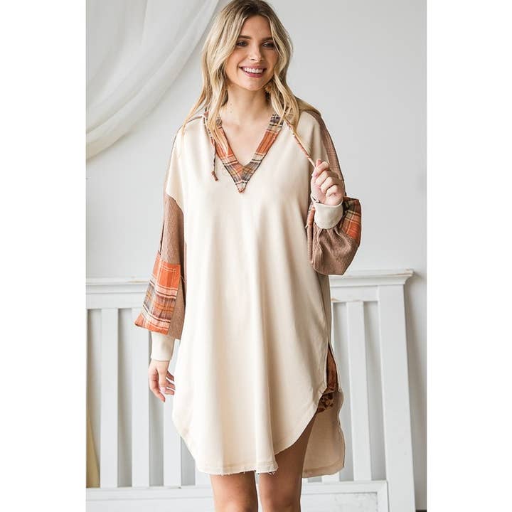 Oli&Hali - Wholesale Hoodie - Women's - PLAID CONTRAST HOODED FRENCH TERRY TUNIC TOP