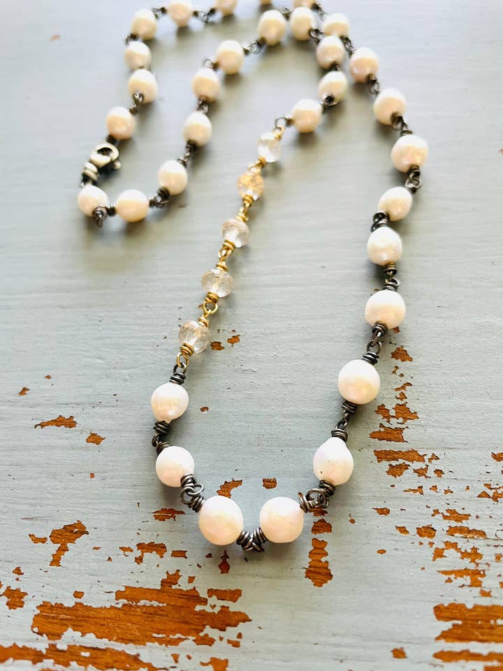 Baroque Pearl Necklace with Imperial Topaz - 14K & Sterling for wholesale by Peaces of Indigo