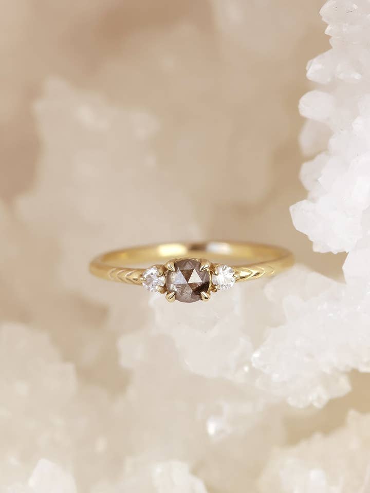 Solid Gold Rose Cut Salt and Pepper Diamond Ring for wholesale by Lacee Alexandra Jewelry