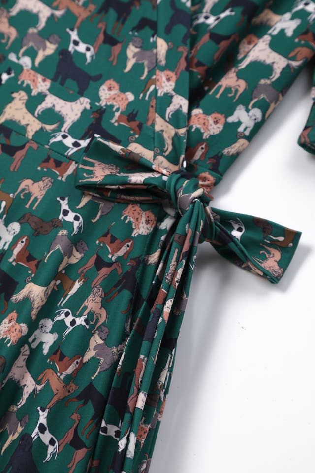 Dolly & Dotty - Venta al por mayor Vestido - Mujer - Vestido cruzado verde de punto vintage con estampado de perros Matilda3