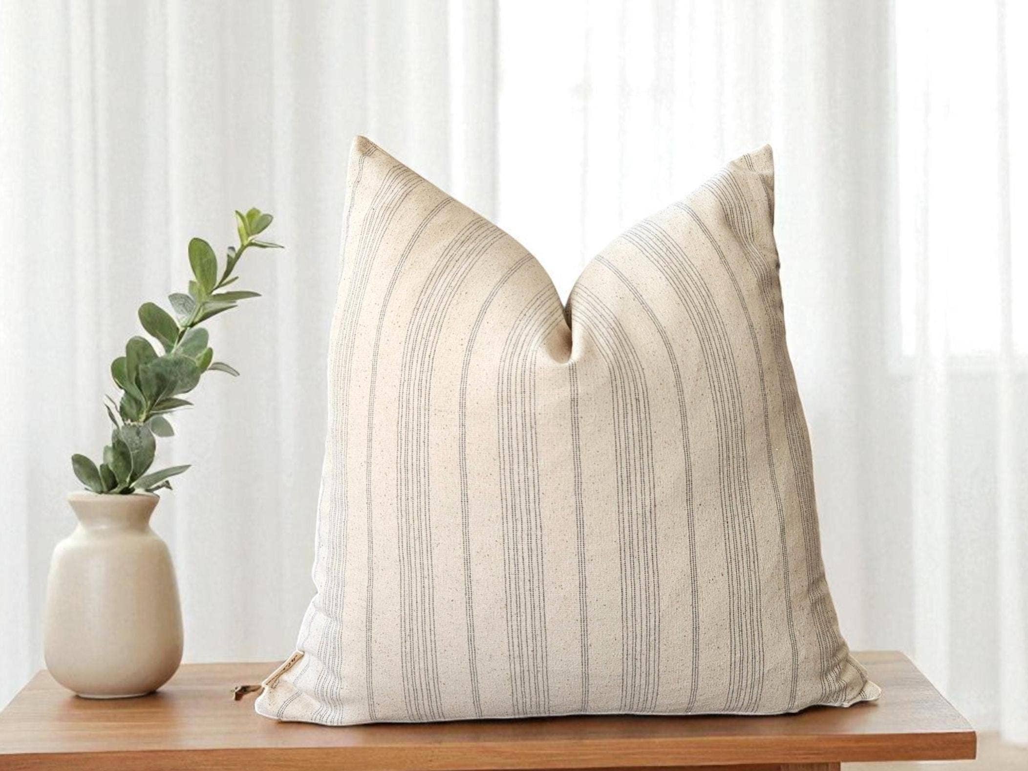 Miliva Home Store – wholesale Throw pillow cover – Striped Linen Throw Pillow, Boho Neutral Cushion, Fall Decor0
