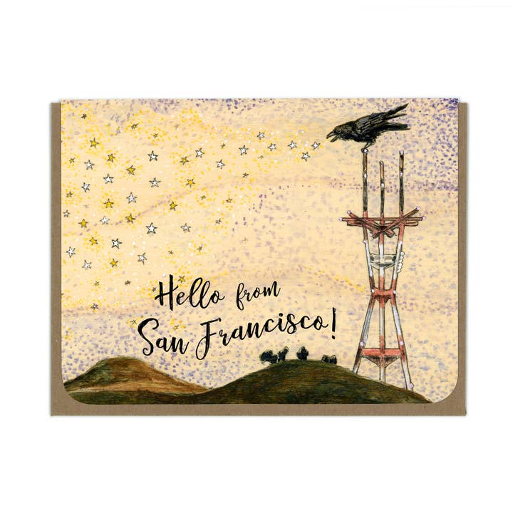 Biglietto di auguri Hello From San Francisco — Sutro Tower per la vendita all'ingrosso da parte di Amy Rose Moore Illustration