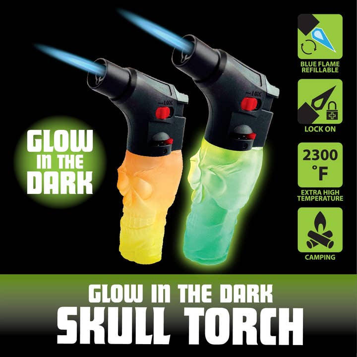 Novelty Brands - Wholesale Lighter - Glow in The Dark Skull Torch Lighter - 12 Piece Display