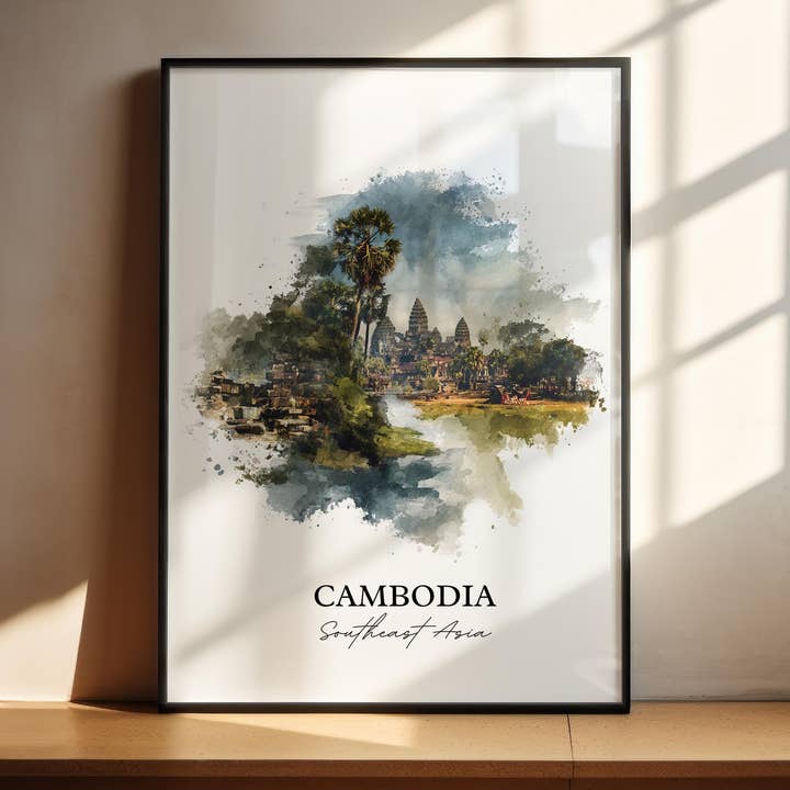 Cambodia Wall Art, Cambodia Print, Cambodia Watercolor Art, Cambodia Country Gift, Travel Print, Travel Poster, Housewarming Gift for wholesale by Premium Travel Art