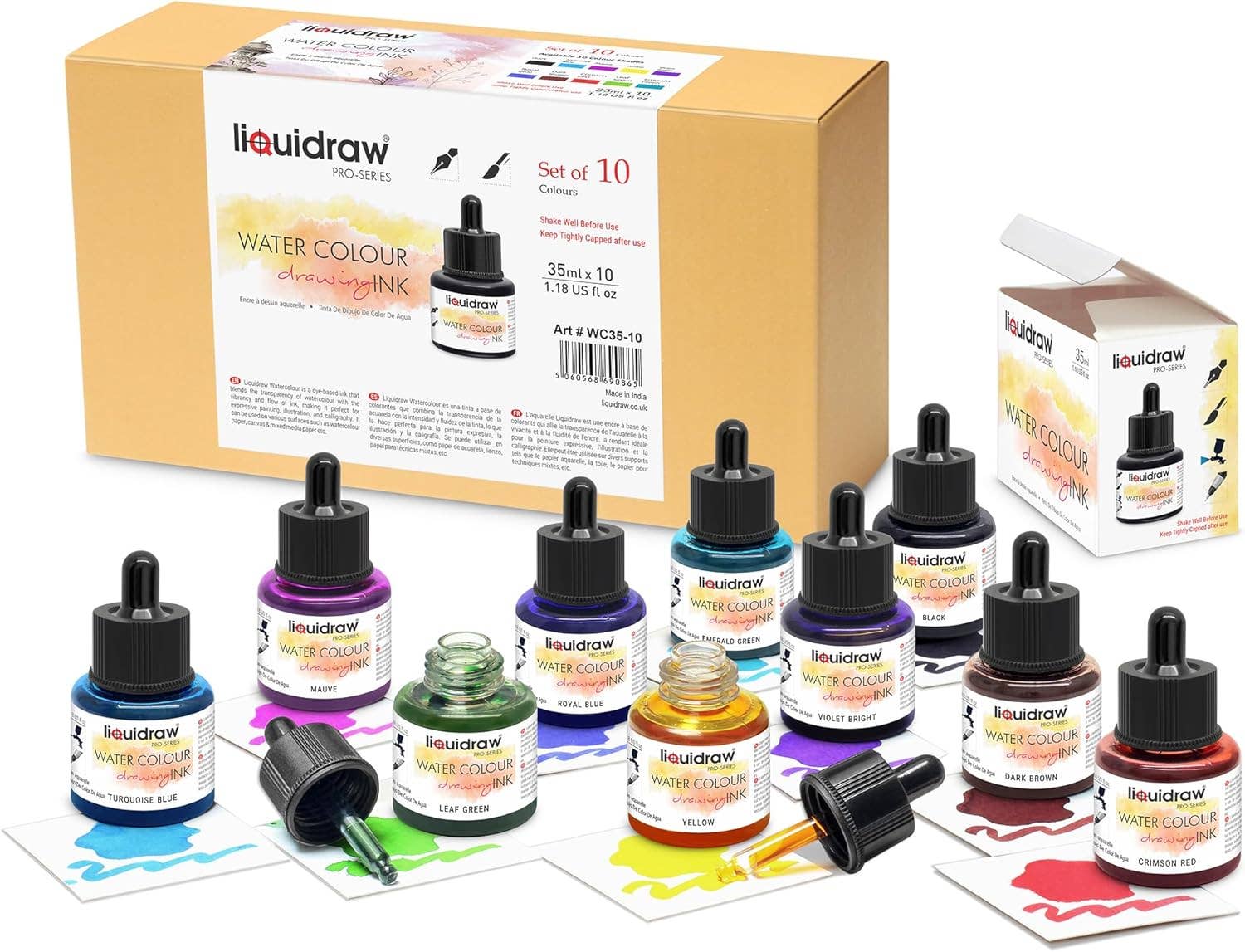 Liquidraw – wholesale Ink pad – Liquidraw Watercolour Drawing Ink Set of 10 Assorted Colours | 35ml Bottles with Ink Dropper | Water Colour Inks for Art
