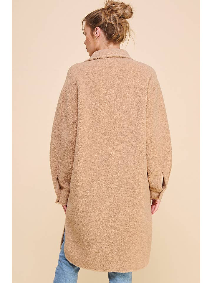 Dusty Rose Long Sherpa Shacket with Pockets for wholesale on Faire