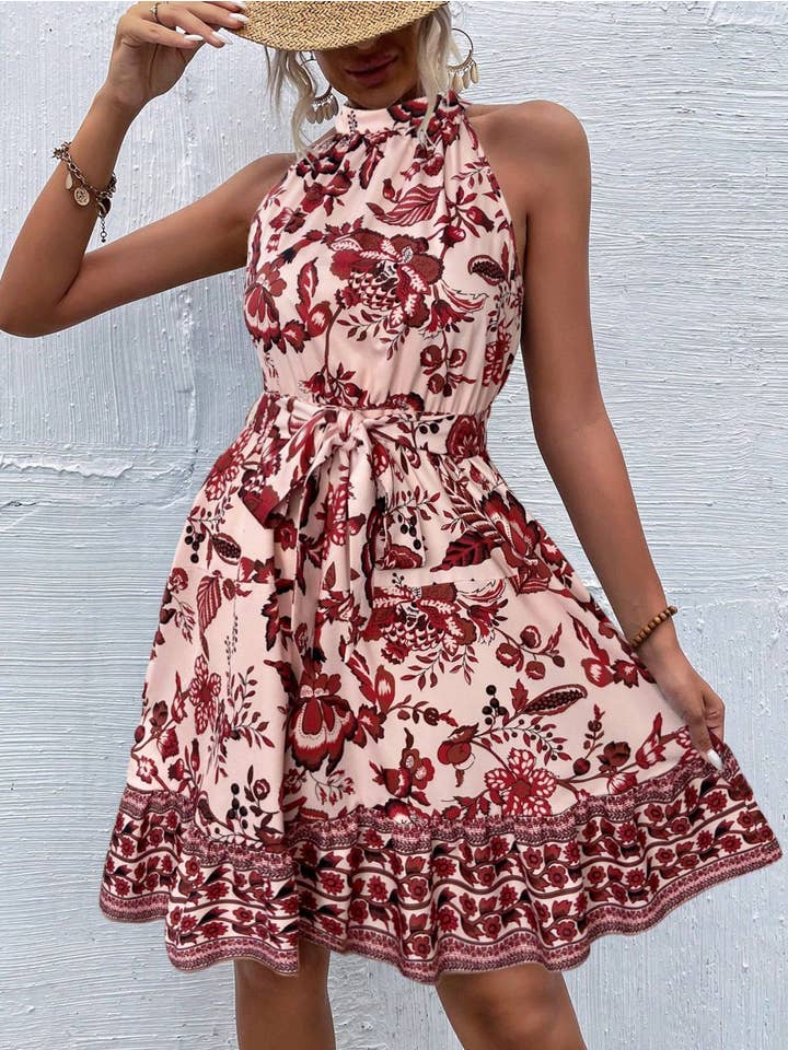 Wholesalesir - Wholesale Dress - Women's - Floral Neck Tied Dress