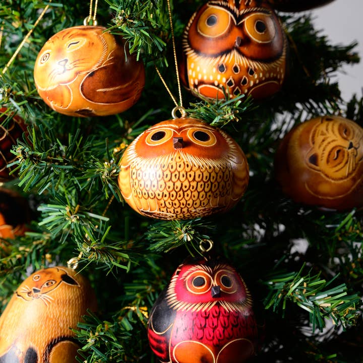 Lucuma Designs - Wholesale Ornament Set - Owls Mini Mix- Gourd Ornament - Fair Trade Gift