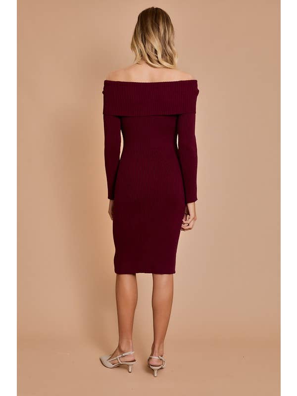 Wine Off Shoulder Rib Knit Bodycon Dress for wholesale on Faire