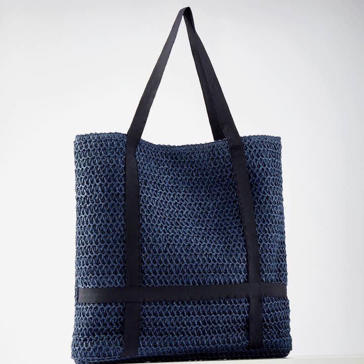 Woven Straw Tote, Navy for wholesale by Charlie Paige