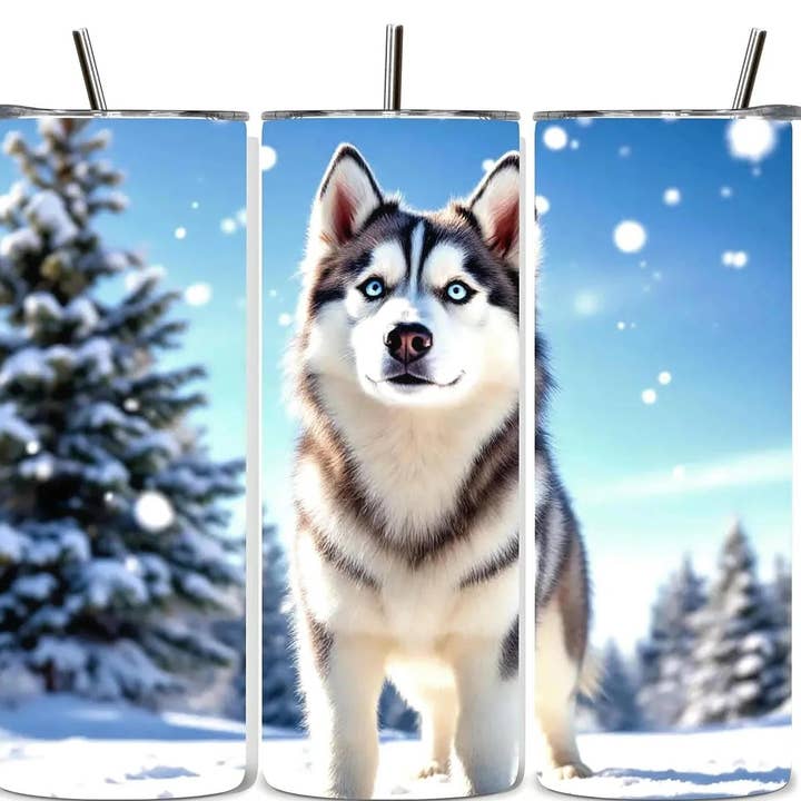 Copo Térmico de Aço Inoxidável de 20oz com Palhinha da Alpha Printing – Design de Husky na Neve – Caneca de Viagem Isolada de Parede Dupla para Bebidas Quentes & Frias por atacado de Alpha Wholesale