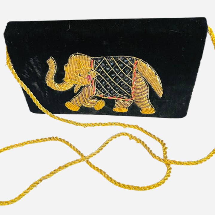 Black Velvet and Gold Embroidered Elephant Handbag (India) for wholesale by Sissy Yates Designs