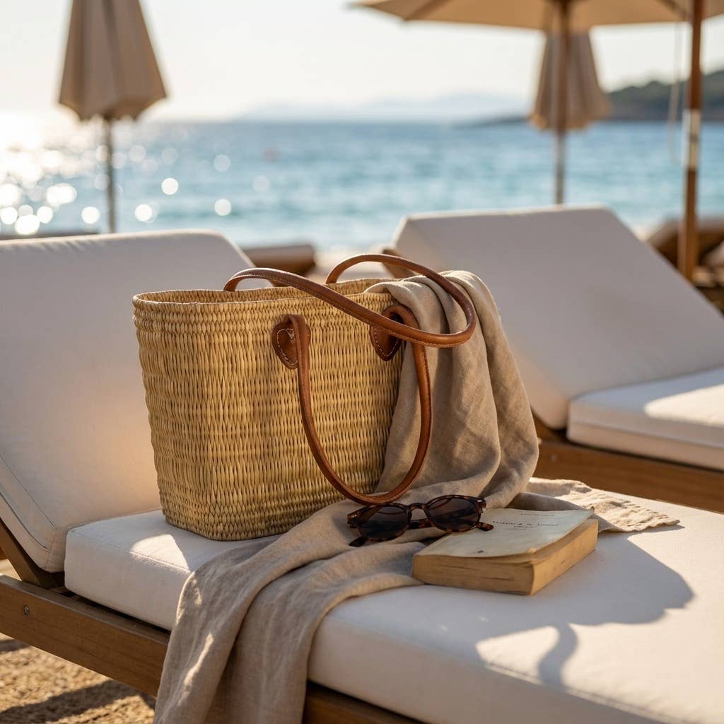 Melecraft - Wholesale Basket - Reed Market Basket Leather Handles - Natural Woven Tote Bag8