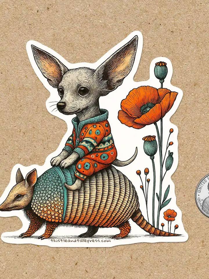 Vinyl Sticker, Chihuahua Riding Armadillo for wholesale by Thistle and Tale Press