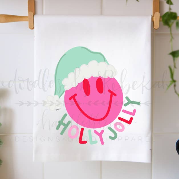 Holly Jolly Smiling Face Tea Towel for wholesale by Doodles By Rebekah