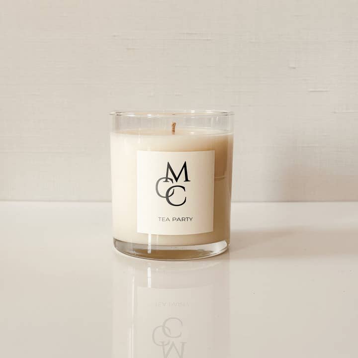 Tea Party - 9 oz. Clear Glass soy candles with box for wholesale by Marblehead Candle Company