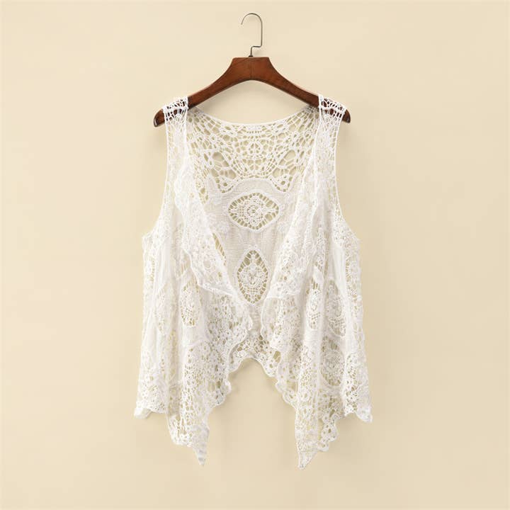 Rosa Clothing - Wholesale Cardigan - Women's - Sleeveless Hollow Jacquard Lace Cardigan