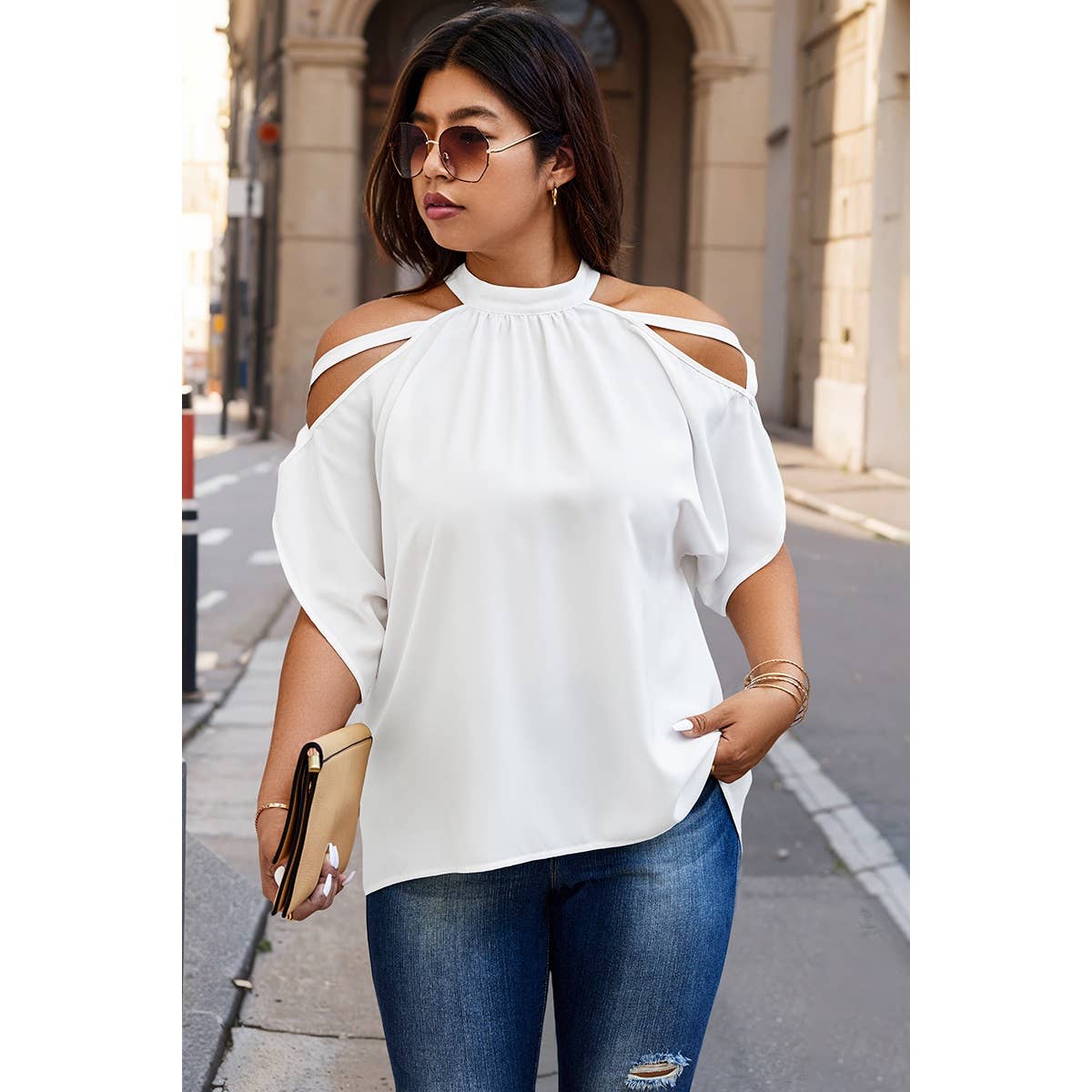 WHITE Plus Halter Open Shoulder Bat Sleeves Loose Top for wholesale on Faire3