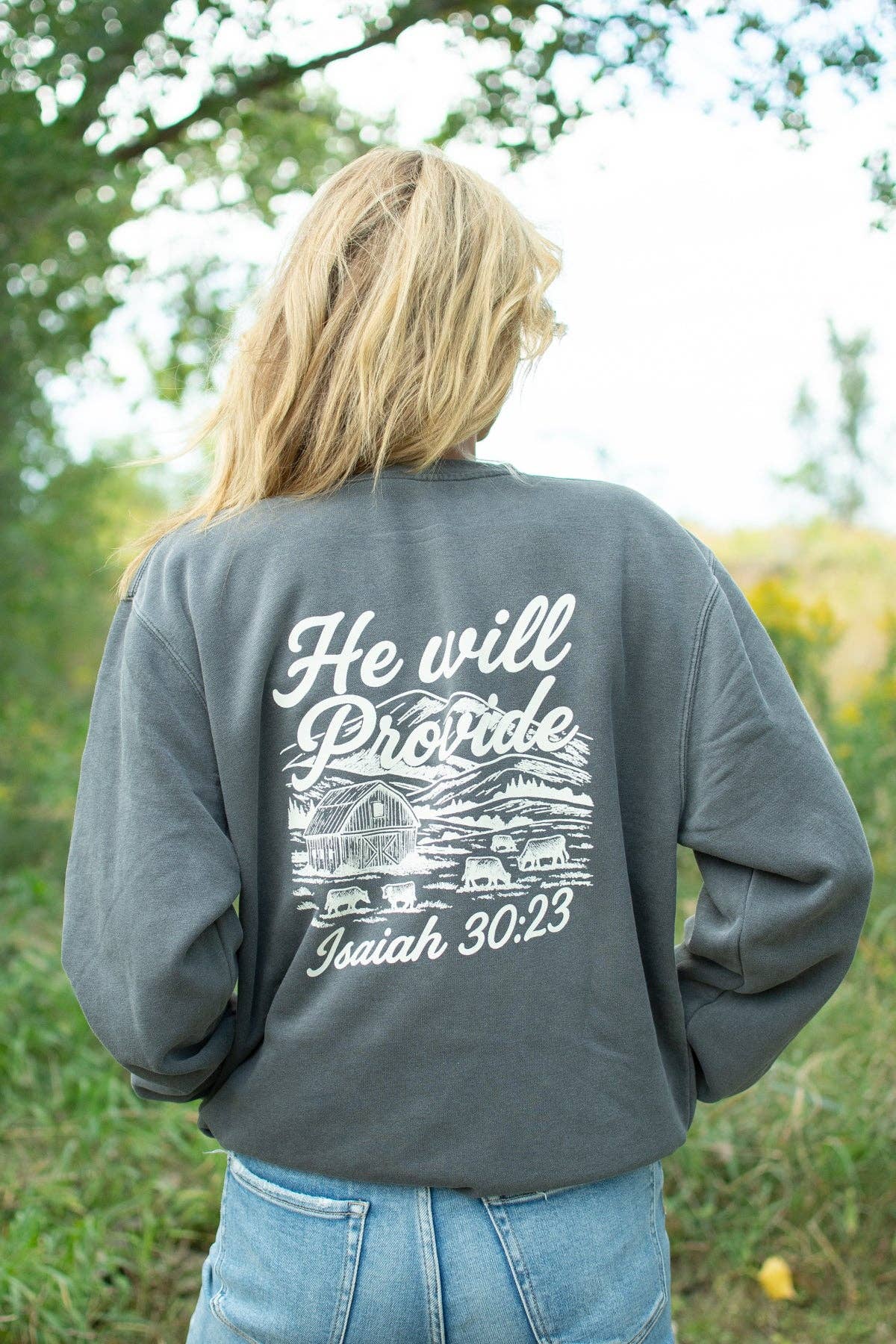 American Farm Company - Wholesale Graphic Sweatshirt - Women's - Western 'He Will Provide' Isaiah 30:23 Charcoal Crewneck