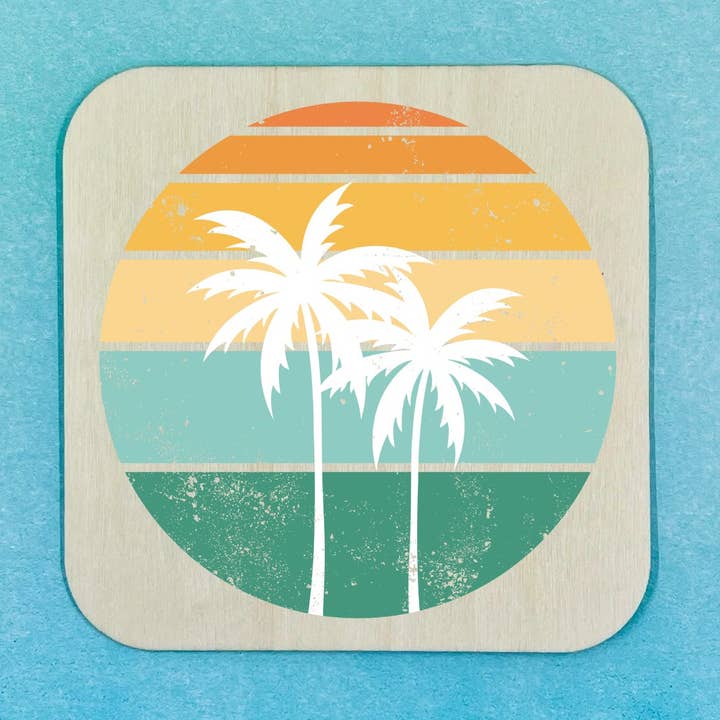 Sous-verre en bois - Coucher de soleil avec palmiers oranges et verts pour la vente par 143 Gumdrops