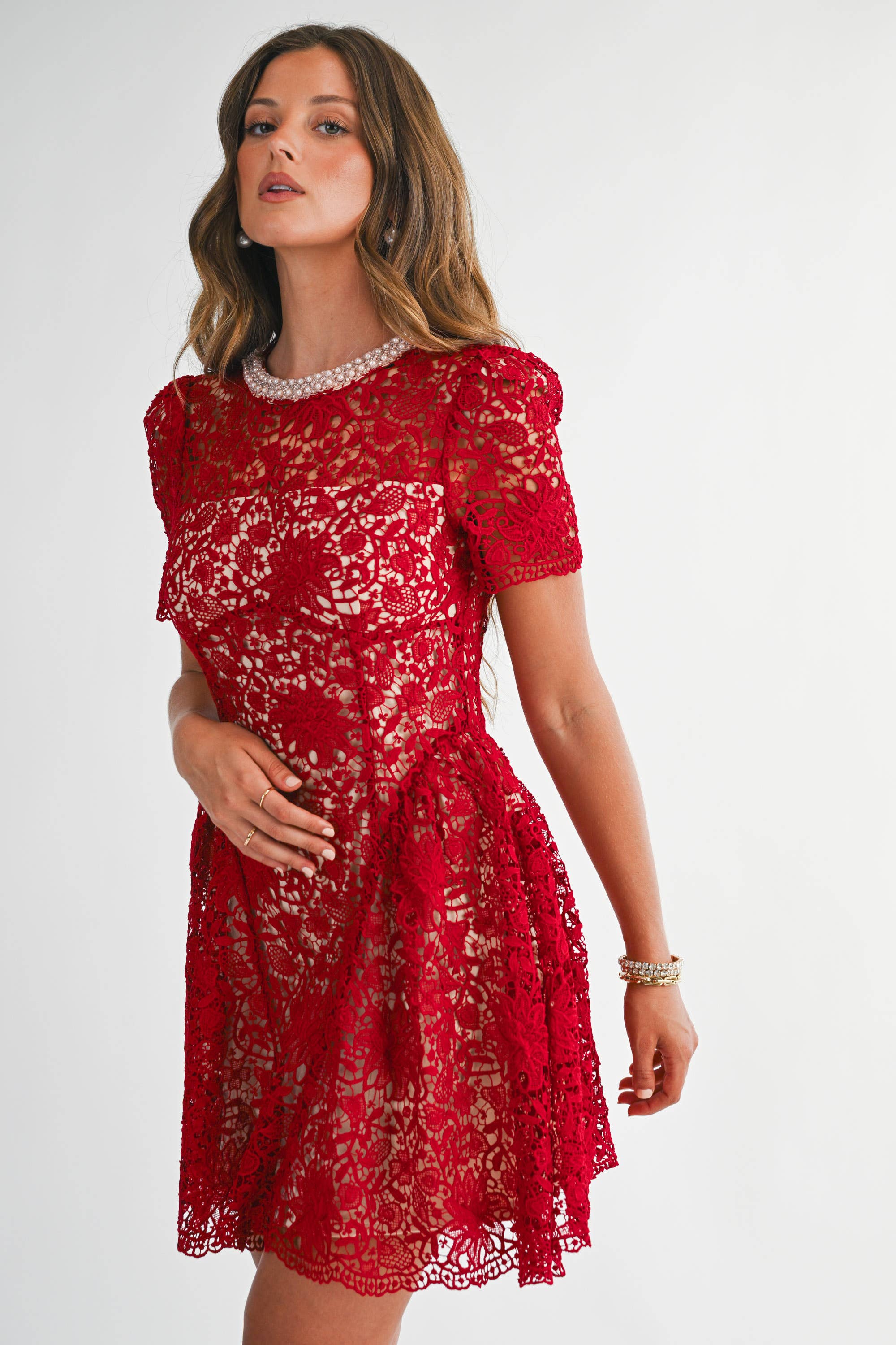 Red YD5057 Embellished Lace Fit & Flare Mini Dress for wholesale on Faire8