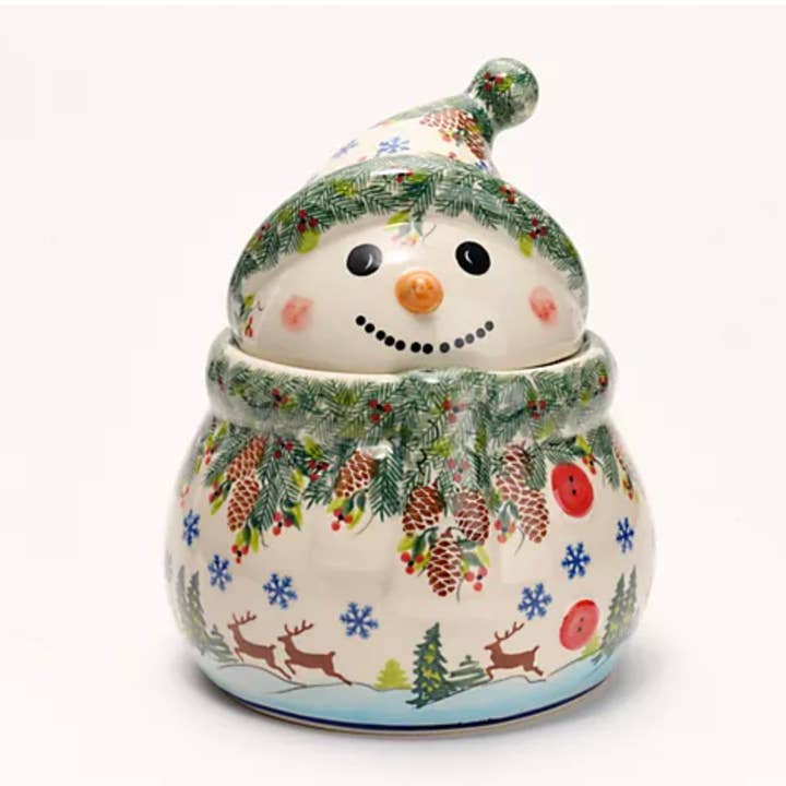 Polish Pottery Reindeer Snowman Cookie Jar for wholesale by Lidia's Polish Pottery, Inc.
