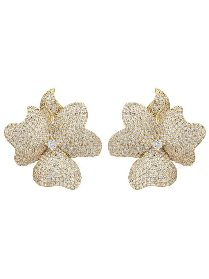 Boucles d'oreilles à clip en forme de grande fleur en or pour la vente par Latelita