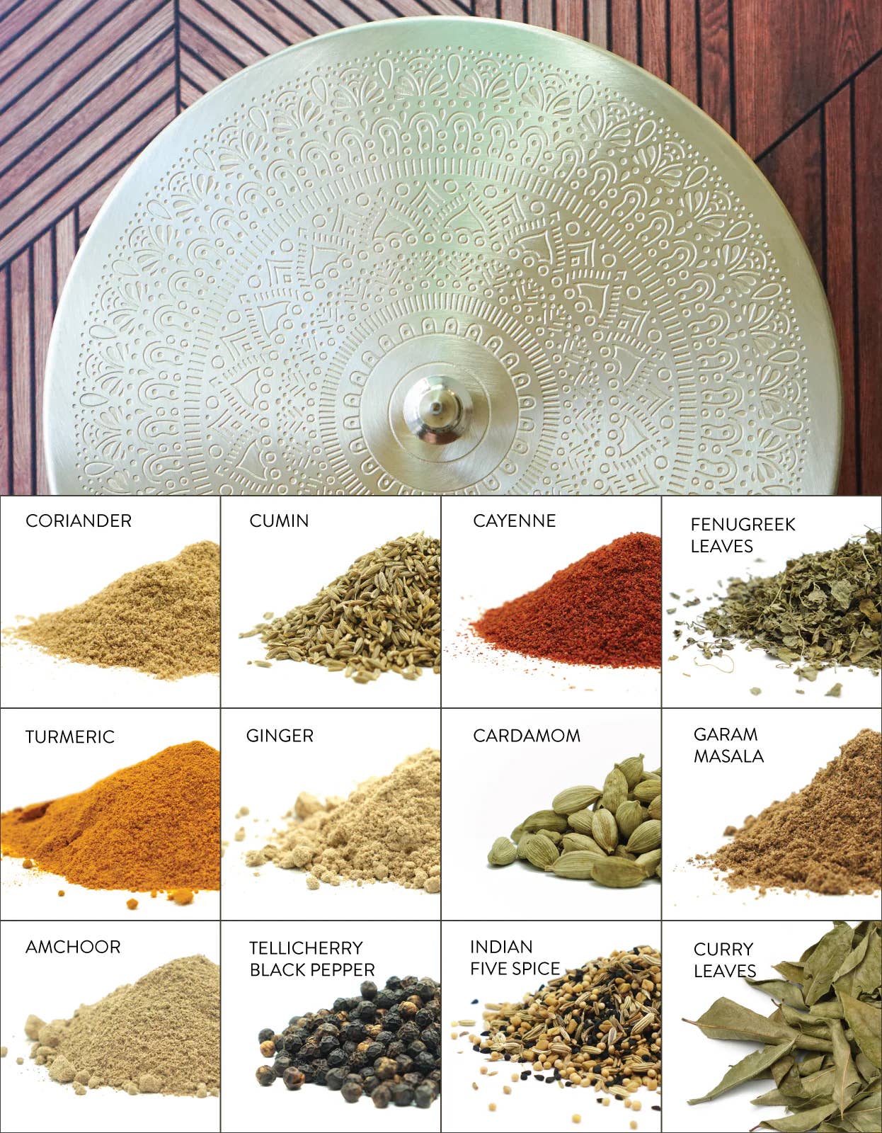 Pure Indian Foods - Wholesale Kitchen Storage/Organizer - Gold Mandala Indian Spice Box + 12-Spice Sampler Gift Set