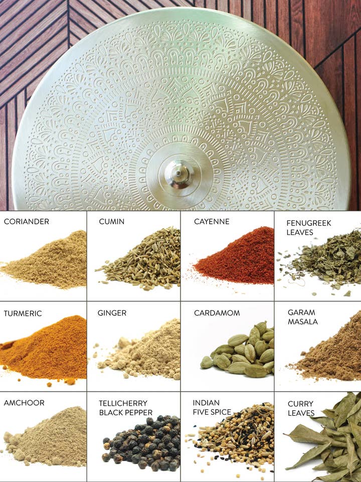 Gold Mandala Indian Spice Box + 12-Spice Sampler Gift Set for wholesale by Pure Indian Foods