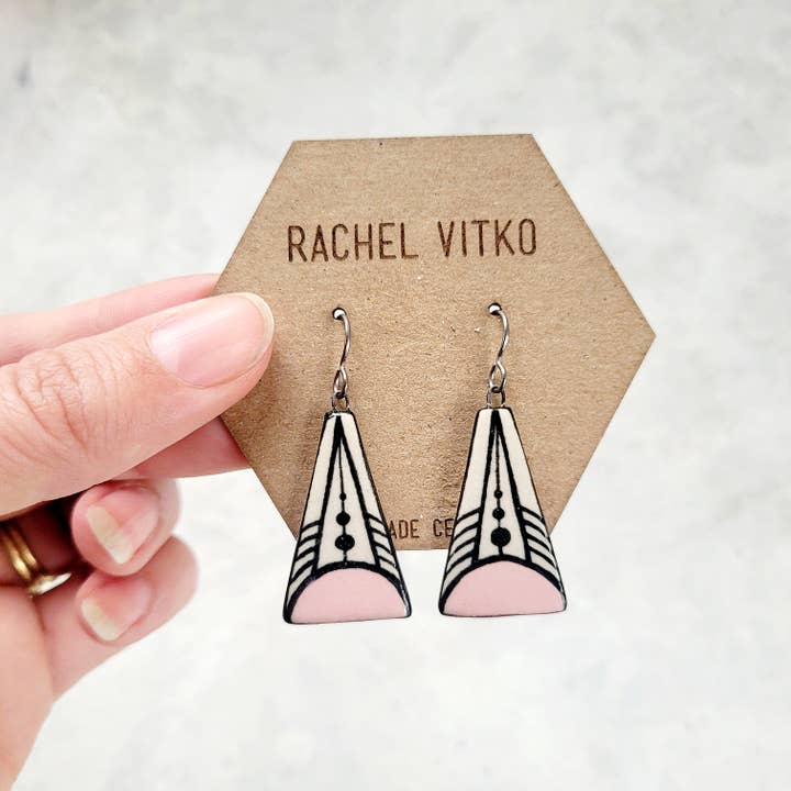 Rachel Vitko Pottery - Wholesale Dangle Earrings - Hand painted (ON BOTH SIDES) ceramic dangle earrings.