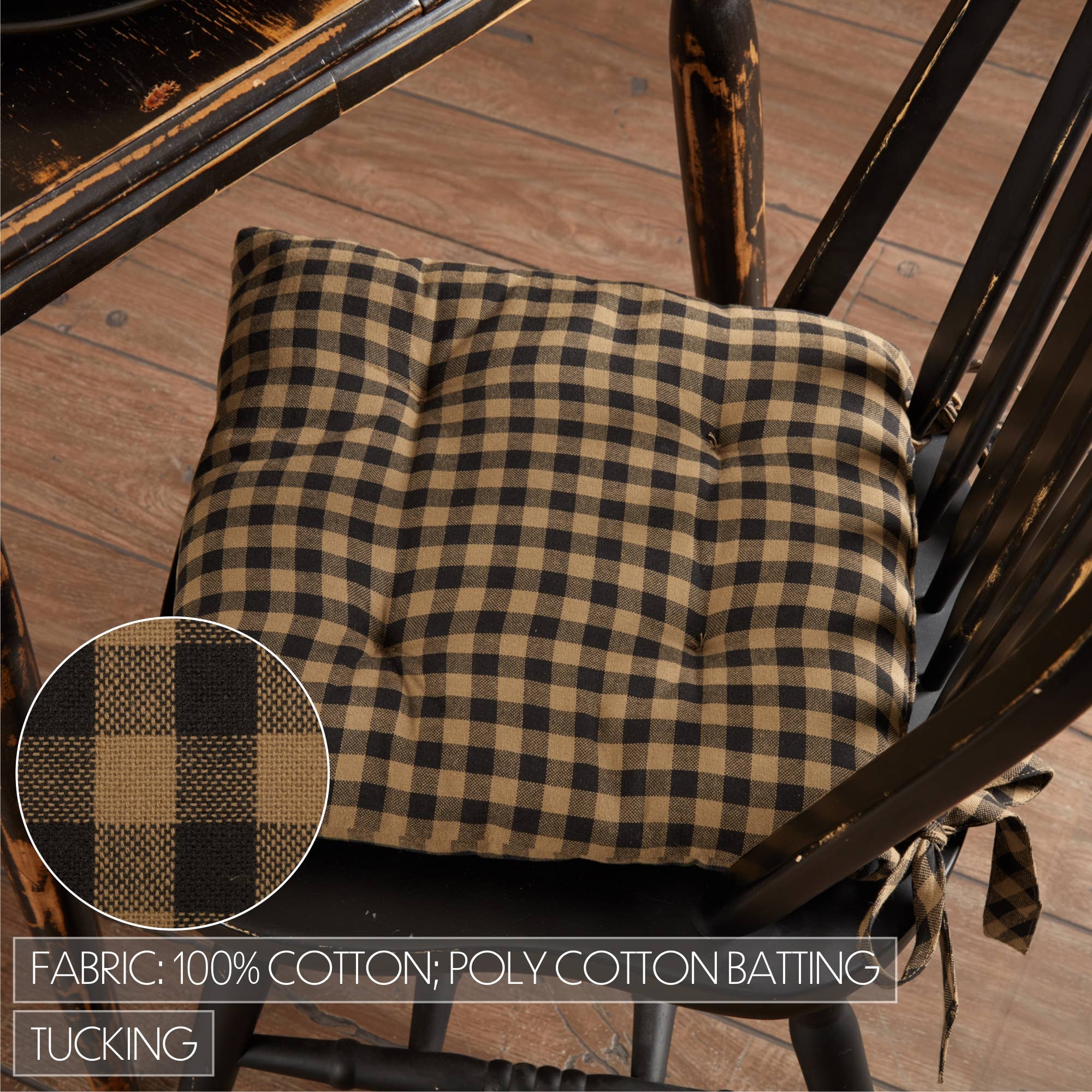 VHC Brands - Wholesale Chair Cushion - Black Check Farmhouse Primitive Country Rustic Chair Pad 14x14 - VHC Brands1