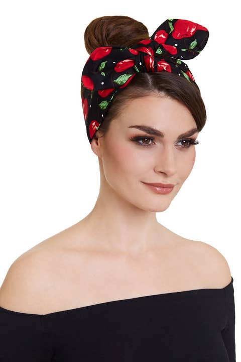 Rockabilly Tie Headband Cherry Pattern in Black for wholesale by Dolly & Dotty