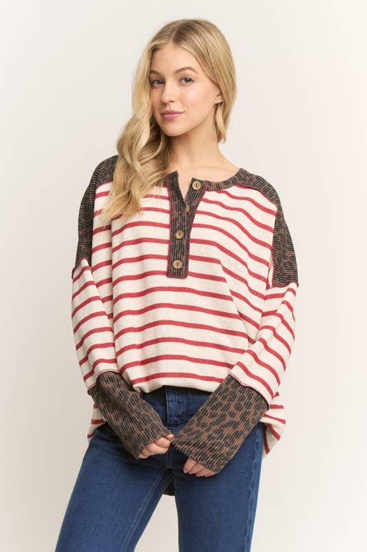 HEIMISH - Wholesale Tunic - Women's - ET7986-11 LONG SLEEVE ROUND NECK STRIPE AND ANIMAL PRINT TOP6