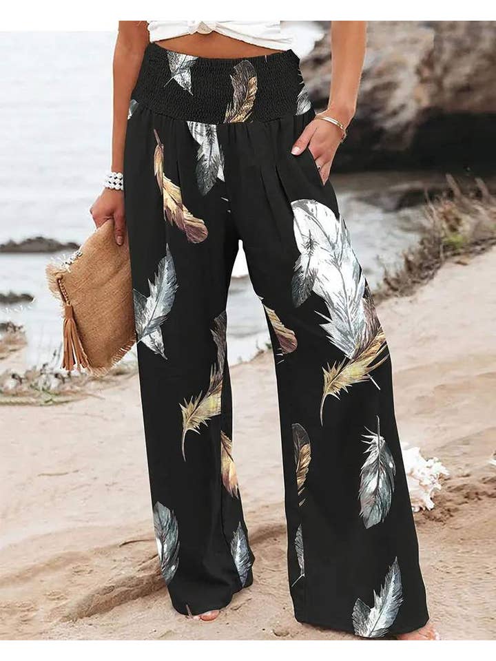 BLACK feather print high waist wide leg pants for wholesale on Faire1